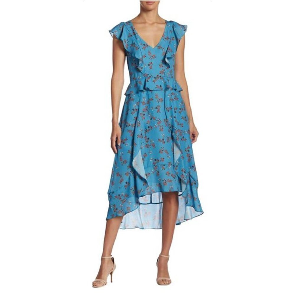 Parker Teal Blue Floral Ruffle High-Low Midi Dress